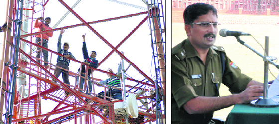 Contractual power employees, who climbed a cellphone tower in Dehradun; and (right) SSP Kewal Khuranna addresses mediapersons on Monday. 