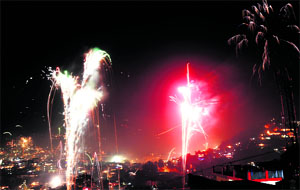 Fire crackers present a sparkling view of Mandi town on Sunday