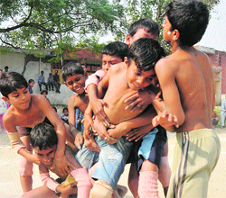 A kabaddi match in progress during the school games at Karan Stadium in Karnal.