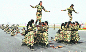 CRPF women personnel show their skills during the 74th anniversary function at Kadarpur in Gurgaon.