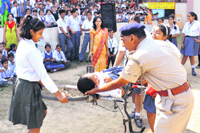 The Fire Department conducts a mock drill at Greenwood School to make students aware about escape routes in case of fire or a natural calamity in Gurgaon.