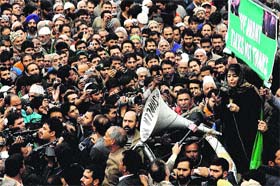 PDP president Mehbooba Mufti addresses a rally in Srinagar on Monday