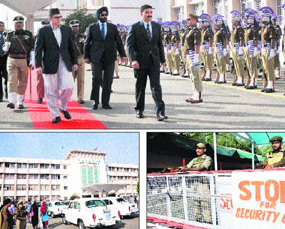 (Clockwise from top) Chief Minister Omar Abdullah being given a guard of honour by police personnel at the civil secretariat; security personnel keep vigil outside the secretariat; and vehicles entering the secretariat on the first day of the reopening of the Durbar in Jammu on Monday