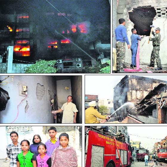 (Clockwise from above): The garment factory up in flames, Air Force personnel create an opening in a wall, a fireman tries to douse flames and a person shows cracks on a wall of the adjoining building in the Sekhewal area in Ludhiana, Shivji Rathod with his wife and children in Ludhiana on Monday