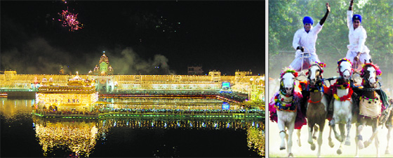 A sparkling Golden Temple on Diwali in Amritsar on Sunday; and Nihangs display horse-riding skills on the occasion of Fateh Divas on Monday. 