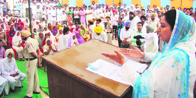 Member of Parliament from Bathinda Harsimrat Kaur Badal addresses a sangat darshan programme at a village in the district on Tuesday. A Tribune photograph