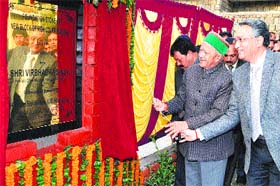Chief Minister Virbhadra Singh lays the foundation stone of a new block of the High Court in Shimla on Tuesday. Justice AM Khanwilkar, Chief Justice, Himachal Pradesh HC, is also in the picture