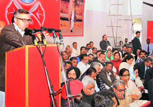 Chief Minister Omar Abdullah addresses party workers in Jammu on Tuesday. 
