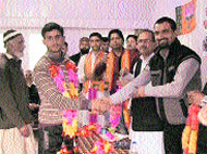 New entrants being welcomed into BJP at Batote on Tuesday