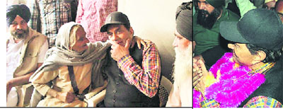 Actor Dharmendra with his aunt Preetam Kaur; and (right) being greeted by village residents at Dangon village.