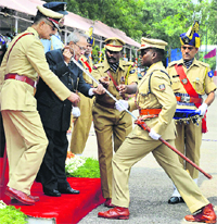 President Pranab Mukherjee presents the IPSs Sword of Honour to Bhaaskaran R at the National Police Academy in Hyderabad on Tuesday.  PTI