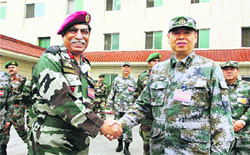 Lt Gen Yung Jin Shan (R) with Lt Gen Vinod Bhatia during the Sino-India joint training exercise in Chengdu on Tuesday.