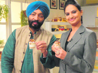 Dr Harleen Kaur, a city-based chef, with Harpal Singh Sokhi during the shooting of a TV show. A Tribune photograph