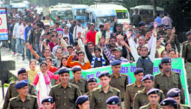 Unemployed BPED and MPED youth take out a protest march in support of their demands in Dehradun on Wednesday