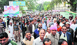 Panches after attending the panchayat conference which was addressed by Congress vice-president Rahul Gandhi at MA Stadium in Jammu on Wednesday