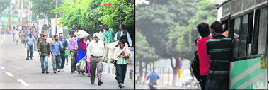 Residents were forced to walk to their destinations due to traffic restrictions; and (right) an overcrowded bus plies on a road amid heavy deployment of traffic police in Jammu on Wednesday. 