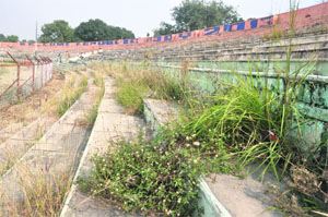 A view of the unkempt MA Stadium in Jammu. 