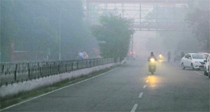 Traffic moves through a thick blanket of fog that engulfed Ludhiana on Wednesday.
