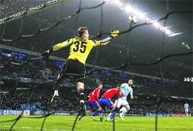 Manchester Citys Alvaro Negredo (right) heads to score his third goal against CSKA Moscow during their Champions League match at the Etihad Stadium in Manchester on Tuesday night