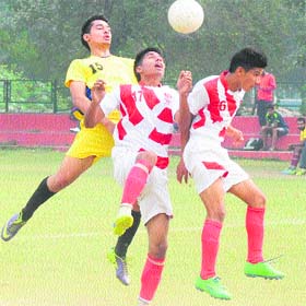 Players in action during a match of the Institutional Football League at the Football Stadium, Sector 17, Chandigarh