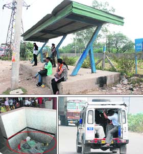 (Clockwise from top) Students sit on the floor of a bus shelter in the absence of chairs at Majri Chowk in Panchkula; an overloaded jeep near Majri Chowk; and a person sleeps inside a ticket counter at a bus stand in Sector 5, Panchkula