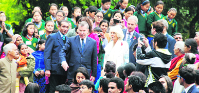 The Duchess of Cornwall, Camilla Parker, being welcomed at The Doon School in Dehradun on Thursday.
