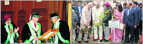 Prince Charles being conferred an honorary degree of Doctor of Science by PP Bhojvaid, Director, FRI, in Dehradun on Thursday; and (right) the Prince waters a sapling planted by him on the campus.