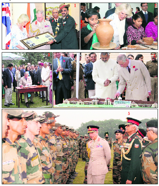 (1) Prince Charles and his wife Camilla Parker being presented with the old photograph of the RIMC by its Commandant during their visit to the IMA in Dehradun on Thursday; (2) Camilla Parker has a look at the pottery work done by children from slum colonies, who are part of The Doon School outreach programme, at The Doon; (3) Prince Charles writes his comments in a visitors book at the FRI; (4) he cuts a cake on the 84th anniversary of the historic FRI buidling; and (5) the UK royal interacts with IMA cadets.