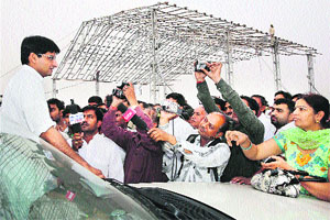 MP Deepender Singh Hooda talks to mediapersons at the site of the Gohana rally