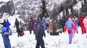 Tourists enjoy at Gulaba, 19 km from Manali.