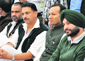 (From right) Ravneet Singh, Naveen Jindal, Rajiv Partap Singh Rudy and Neeraj Shekhar interact with refugees in Jammu on Thursday