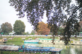 Houseboats lined up on the banks of the Jhelum river in Srinagar on Thursday