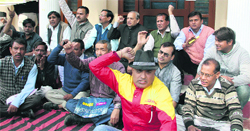 Members of the Uttarakhand Kranti Dal holds a demonstration in support of their demands in Dehradun on Friday. Tribune photo: Vinod Pundir