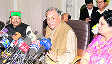 Chief Minister Vijay Bahuguna addresses mediapersons after a Cabinet meeting in Dehradun on Friday