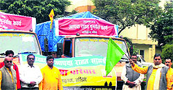 Shantikunj owner Dr Pranav Pandya in Haridwar flags off relief material to the Kedar valley on Friday