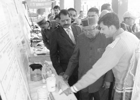 Brij Behari Lal Butail, Speaker of the HP Assembly, with agriculture experts during an exhibition at Dadh on Thursday.