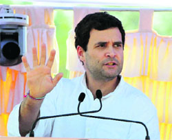 Congress vice-president Rahul Gandhi at an election rally in Rajnandgaon district, Chhattisgarh, on Friday.