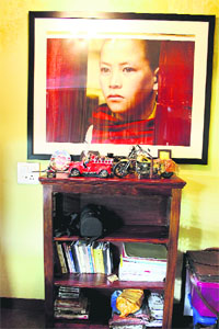 The shot of a young monk in the study