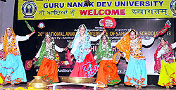 Students perform dance during the 20th Annual Sahodya Conference of CBSE principals at GNDU in Amritsar on Saturday