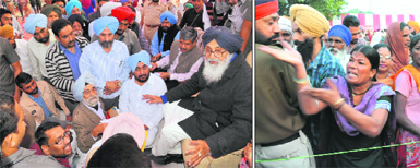 Chief Minister Parkash Singh Badal listening to public grievances during a Sangat Darshan programme in Bathinda on Saturday; and (right)  a resident of Dhobiana Basti creates a ruckus over an inflated bill issued by the Powercom, at the venue. 