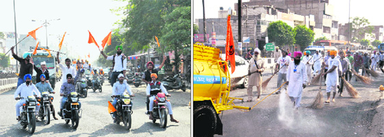Devotees on their way to Amritsar from Talwandi Sabo on motorcycles as part of Gurmat Chetna March in Bathinda on Saturday; (right) devotees clean the road during the march.