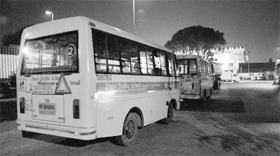School buses lined up at a petrol pump located in Industrial Area, Phase I, Panchkula, on Saturday.