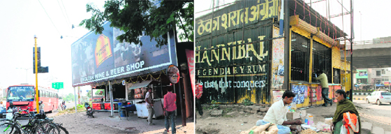 Illegal liquor vends alongside the road in Industrial Area, Phase VII, Mohali; and (right) at Majri Chowk in Panchkula.