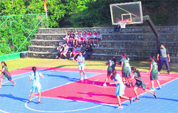 A match in progress during the DDCSA Senior Girls Basketball Tournament at The Aryan School in Dehradun on Saturday. A Tribune photograph