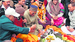 Assembly Speaker Govind Singh Kunjwal, along with Pauri Garhwal MP  Satpal Maharaj and his wife Tourism Minister Amrita Rawat, performs bhoomi pujan of the Assembly buidling at Gairsain in Chamoli on Saturday. 