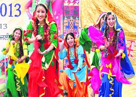 Girls present an item on the Lyallpur Khalsa College campus during the Virasati Yuvak Mela in Jalandhar on Saturday