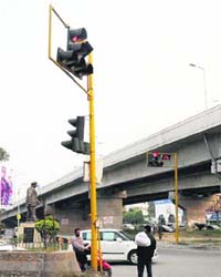 A traffic light at BMC Chowk which is one of the busiest areas in Jalandhar