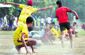 A kho-kho match in progress on the first day of the rural games. 