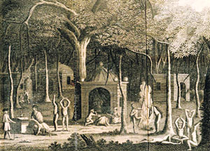 Hindoo devottees of the Gosannee & Jetty tribes. Engraving with etching on paper. From an English copy of James Forbes, Oriental Memoirs. Robert J. Del Bont collection