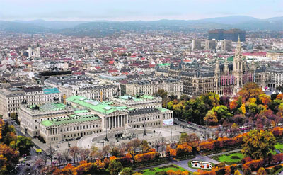 The Parliament and the City Hall of Vienna are pictured from the highest bungee jump crane in the world in Vienna. A member of the Austrian Special Forces attempted a world record bungee jump from this 192-metre (630-feet) crane recently. 